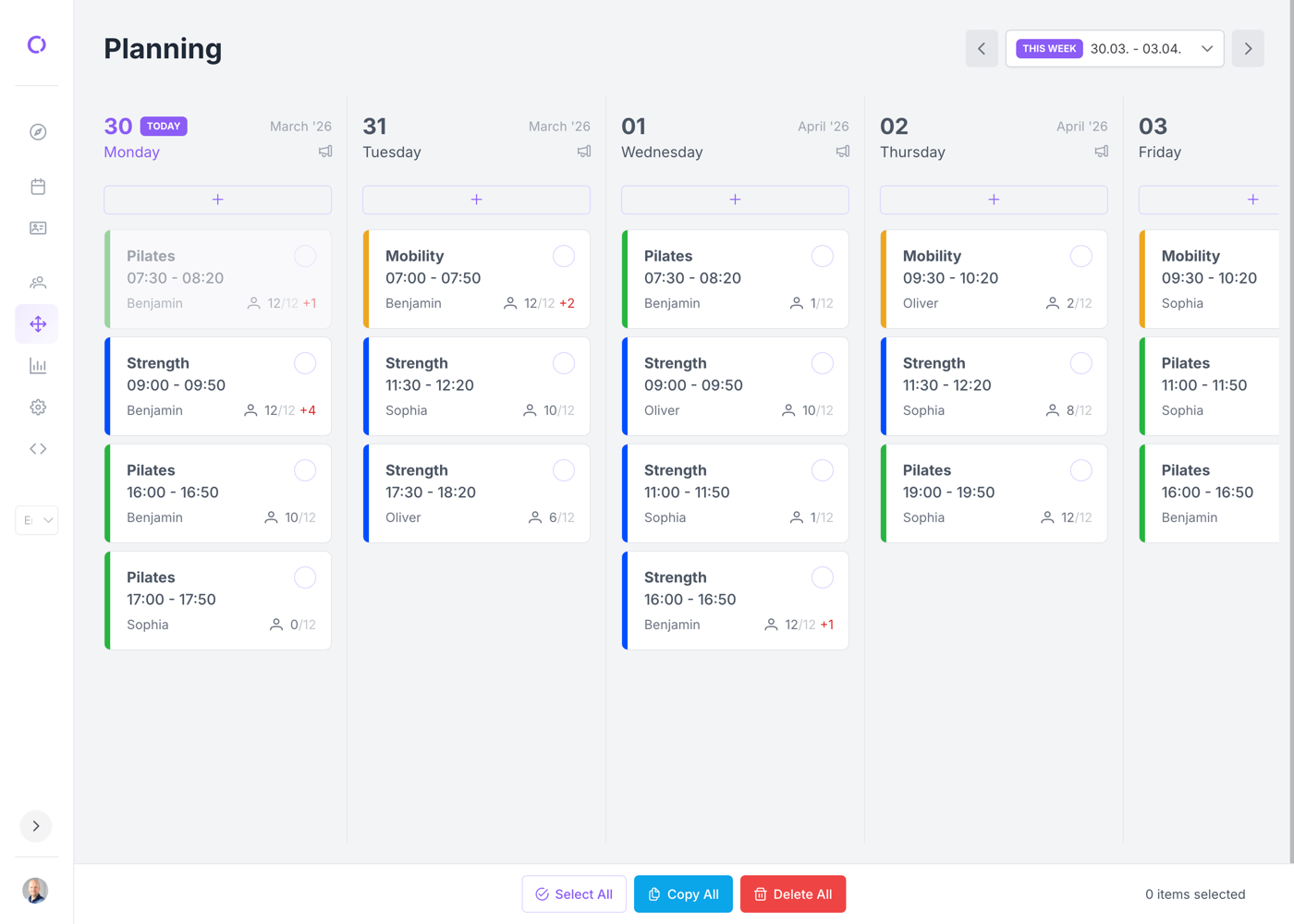 Sportstudio class schedule view