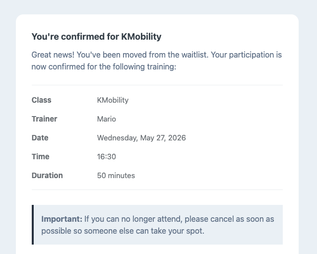 Class confirmed and waitlist member list